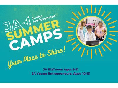 Summer camp information with ages and photo of kids working