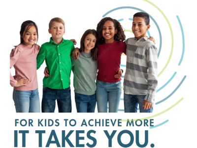 Five students with fingerprint logo and text that reads for kids to achieve more it takes you