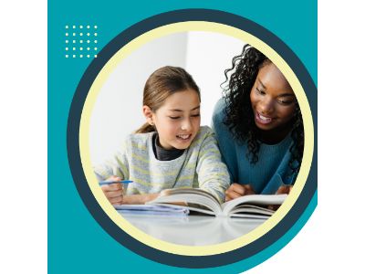 Student with an adult volunteer reading a book surrounded by a blue circle