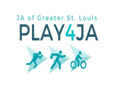 Animated figures running, bowling, and biking with the words JA of Greater Saint Louis Play4JA