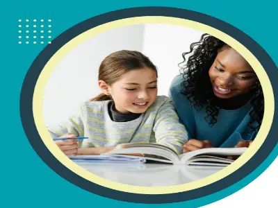 Student with an adult volunteer reading a book surrounded by a blue circle